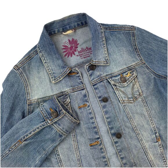 Hollister Women’s Blue Denim Jean Jacket Size M Medium Button Front Y2K Boho - Picture 1 of 10